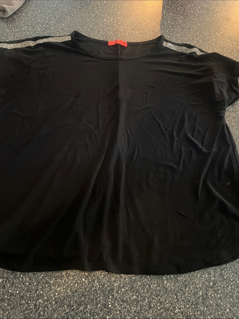 Black Women's Short-Sleeve Blouse with Metallic Shoulder Trim